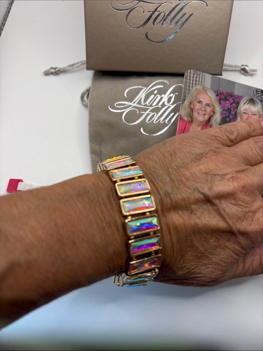 Kirks Folly Gold-Tone Bracelet with Iridescent Pink-Blue Rectangle Stones